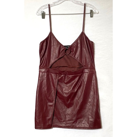 Pretty Little Thing Mini Dress Womens 12 Burgundy Faux Leather Cut Out Bodycon - Picture 2 of 16